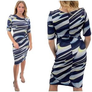 Escada Designer Dress Palm Print 1/2 Sleeve Knee Length Knot Detail Stretch | 2